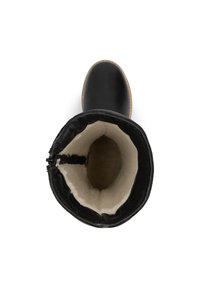 Zwarte laars met een gladde leren buitenkant, zachte beige binnenvoering, ronde neus en textuur randen. Ritsluiting aan één kant.