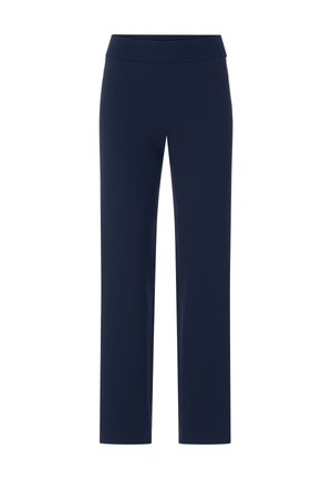 Pantaloni blu navy a gamba dritta con una larga fascia elastica in vita. Realizzati in un tessuto liscio ed elastico per garantire comfort e libertà di movimento.