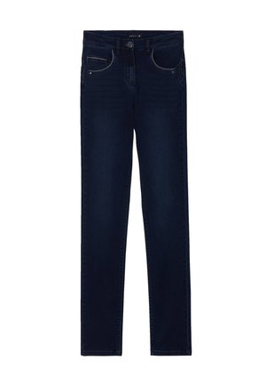 Donkerblauwe denim jeans met een slim fit, voorzien van een klassiek vijf-pocket ontwerp, knoopsluiting en lichte vervaging aan de voorkant.