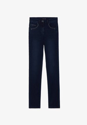 Donkerblauwe denim jeans met een slim fit, voorzien van een klassiek vijf-pocket ontwerp, knoopsluiting en lichte vervaging aan de voorkant.