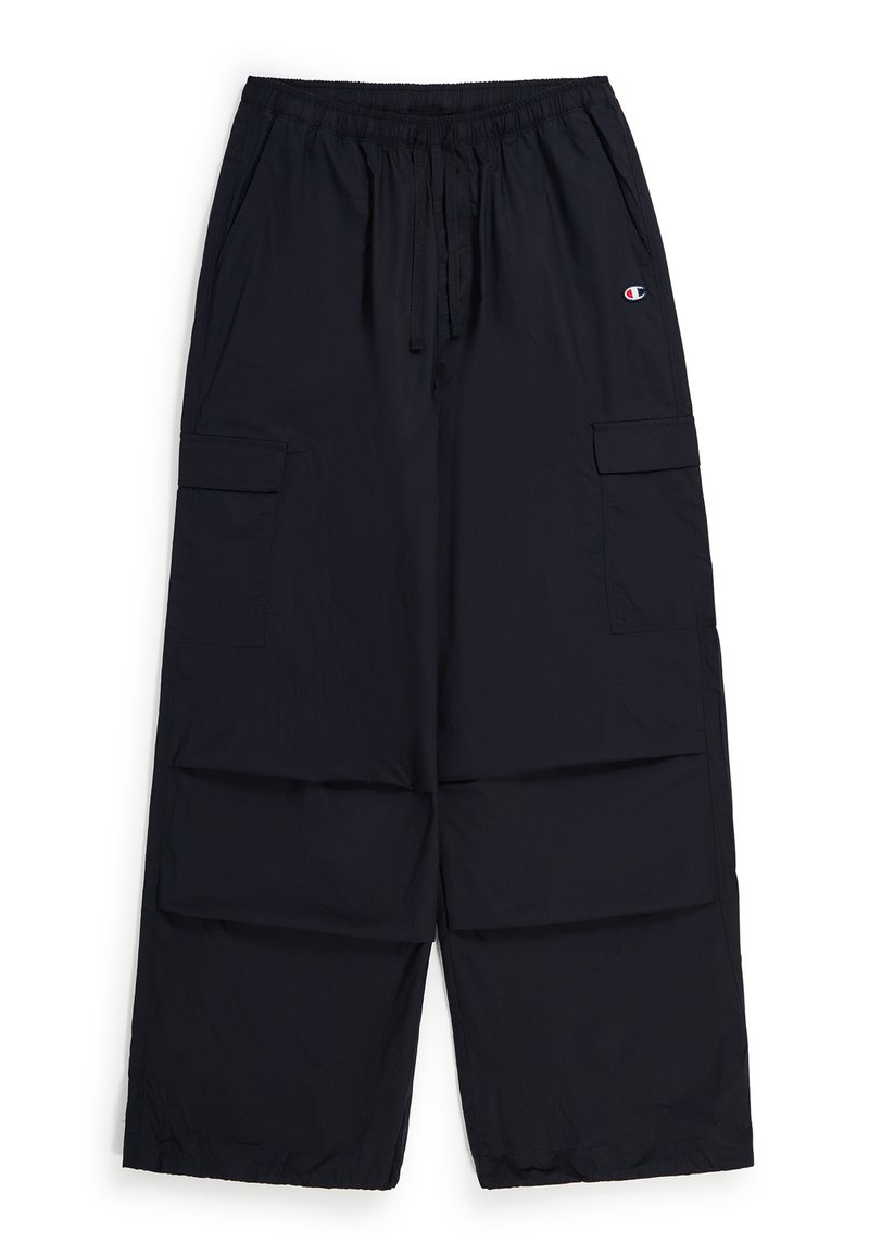 Pantaloni cargo neri con vita elastica e cordino. Presentano ampie tasche laterali e una vestibilità rilassata. Realizzati in tessuto leggero.