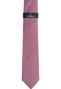 Pink textured tie with a pointed end, featuring a black band with the brand name "Willen." The fabric has a subtle pattern.