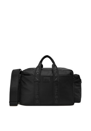 Czarna prostokątna torba sportowa z dwoma uchwytami, odpinanym paskiem na ramię, boczną kieszenią na zamek oraz logo G-STAR na paskach i przedniej naszywce.