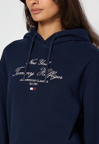 Felpa con cappuccio blu navy in cotone, con testo del marchio ricamato bianco, coulisse e un piccolo logo applicato sull'orlo.