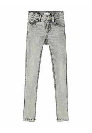 Slim-Fit hellgraue Denim-Jeans mit vorderem Knopf, Reißverschluss und Fünf-Taschen-Design, flach auf weißem Hintergrund dargestellt.
