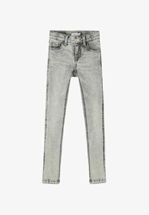 Jean slim fit en denim gris clair avec bouton frontal, fermeture éclair et design à cinq poches, présenté à plat sur fond blanc.