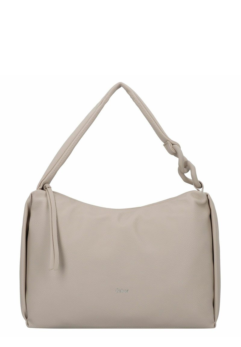 Borsa beige realizzata in pelle strutturata, con una forma curva, un manico intrecciato e un logo argentato discreto sul fronte.