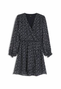 Abito avvolgente blu navy con texture a motivi, maniche lunghe a palloncino e polsini elasticizzati. Presenta un scollo a V e una vita arricciata per modellare la siluetta.