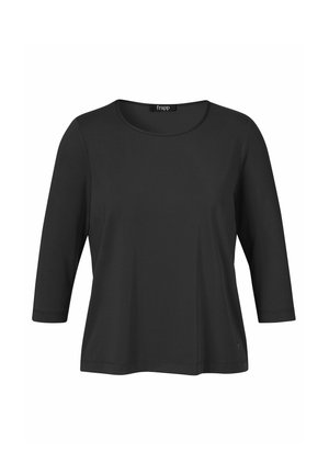 Zwarte dames top met lange mouwen, ronde hals, driekwart mouwen en een eenvoudig, effen ontwerp zonder patronen of versieringen.