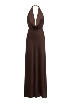 Brown halter-neck satin evening gown with deep cowl neckline and floor-length skirt, smooth flowing fabric.