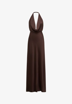 Brown halter-neck satin evening gown with deep cowl neckline and floor-length skirt, smooth flowing fabric.