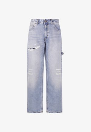 Hellblaue Jeans mit weitem Bein, verziert mit Used-Details an den Oberschenkeln und einer Schlaufe an der Seite, ausgestattet mit Knopf- und Reißverschluss sowie Taschen vorne und hinten.