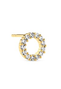 Guldörhänge med en cirkulär design, prydd med flera klara kristaller längs den yttre kanten, med en rak stift.