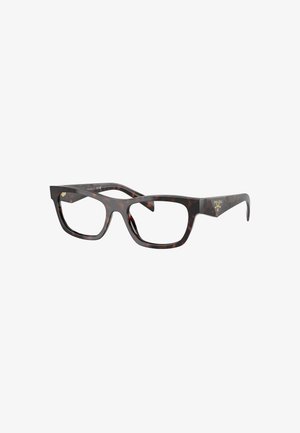 Montura rectangular para gafas de concha de tortuga con patillas anchas y logo Prada en dorado en la patilla.