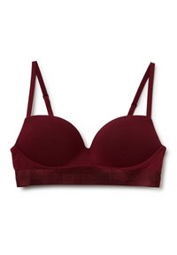 Bordeaux gewatteerde bh met dunne verstelbare banden en een brede band met de gegraveerde tekst "UNITED COLORS OF BENETTON". Glad stofoppervlak.