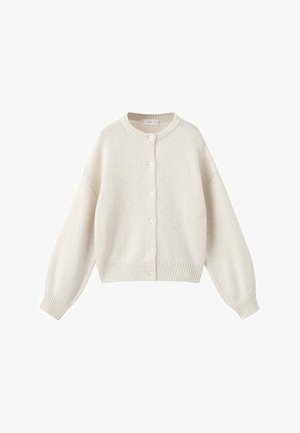Kremno obarvana kardigan iz mehkega pletenega materiala, z okroglim izrezom, dolgimi rokavi in gumbom za zapiranje spredaj, z rebrastim robom.