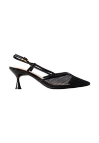 Escarpin slingback noir à bout pointu avec talon kitten et empeigne en mesh à texture écailleuse, avec fine bride ajustable.