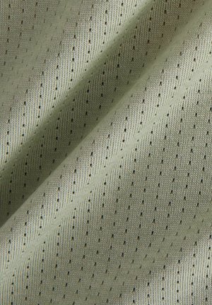 Tissu vert clair avec des rayures verticales et de petits points noirs, présentant une texture lisse et un léger élasticité.