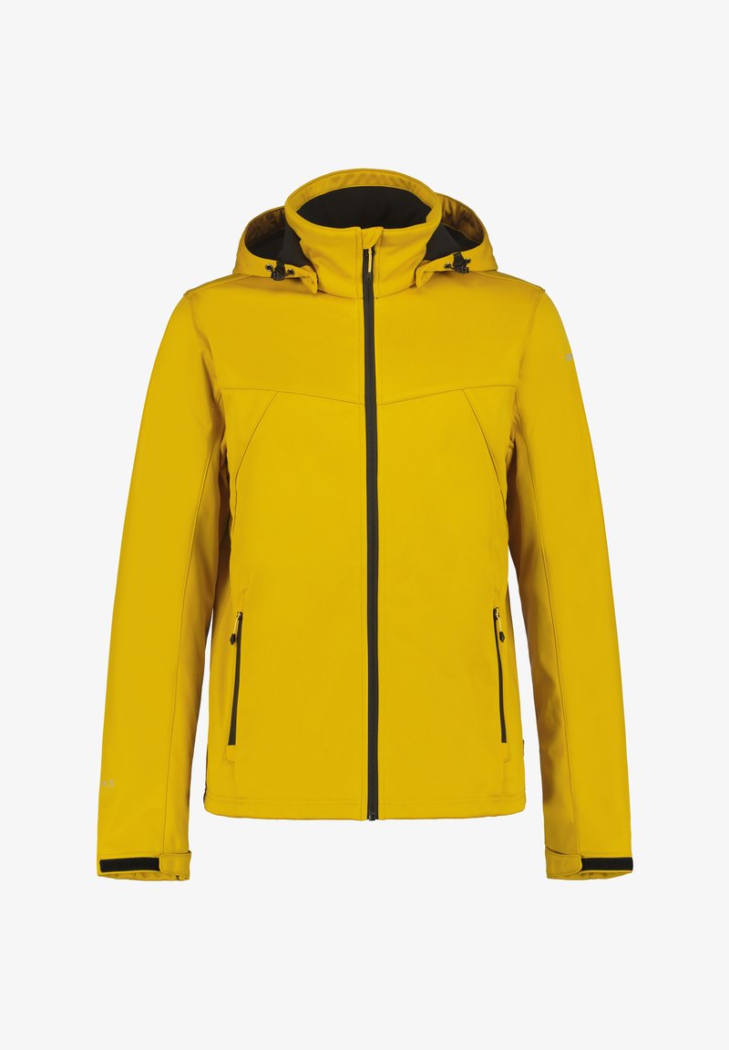 Chaqueta impermeable amarilla con un alto cuello, capucha ajustable, dos bolsillos laterales con cremallera y detalles en negro en las cremalleras y los puños.