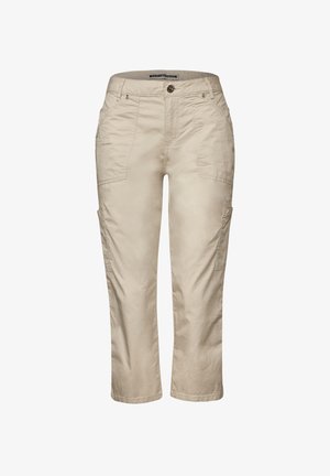 Beige cargobroeken gemaakt van lichtgewicht stof met zijzakken. Voorzien van een knoopsluiting aan de voorkant en riemlussen. Recht model.
