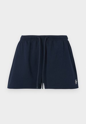 Marineblaue Freizeithose mit elastischem Bund und Kordelzug, kleines weißes besticktes Logo am vorderen Saum.