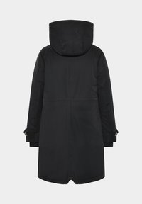 Zwarte waterdichte parka met een capuchon, met een recht model, verstelbare manchetten en een gladde textuur. Geen zichtbare patronen of accenten.