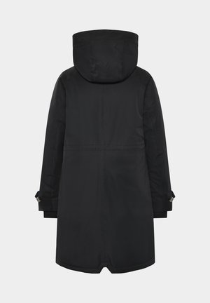Schwarze wasserdichte Parka mit Kapuze, geradem Schnitt, verstellbaren Bündchen und einer glatten Textur. Keine sichtbaren Muster oder Akzente.