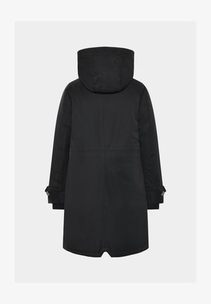 Black waterproof parka with a hood, featuring a straight cut, adjustable cuffs, and a smooth texture. No visible patterns or accents.