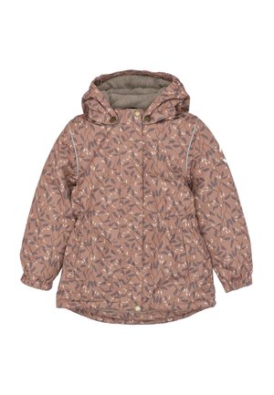 Veste à capuche rose poussiéreuse pour enfant, avec poignets et taille élastiques, ornée de motifs de feuilles violettes et crème et boutons-pression sur le devant.