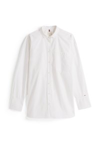 Camicia bianca a maniche lunghe con bottoni realizzata in cotone liscio. Presenta una tasca sul petto e un piccolo logo sulla manica. Design con colletto classico.