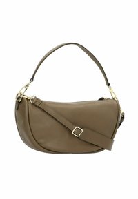 Borsa a spalla in pelle marrone con forma curva, tracolla regolabile e dettagli in metallo dorato. La superficie testo aggiunge particolari.