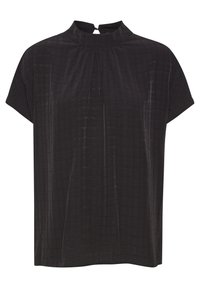 Blouse noire à manches courtes avec un col montant, présentant un motif quadrillé texturé et un détail en forme de goutte à l'arrière. Tissu lisse, coupe décontractée.