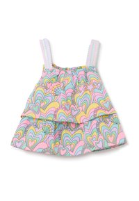 Farbiger, gestufter Tanktop mit einem pastellfarbenen Herzmuster in Pink, Grün und Gelb. Verstellbare Rüschenträger und elastischer Ausschnitt.