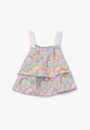Canottiera a strati colorata con motivo a cuori pastello nei colori rosa, verde e giallo. Spalline arricciate regolabili e scollatura elasticizzata.