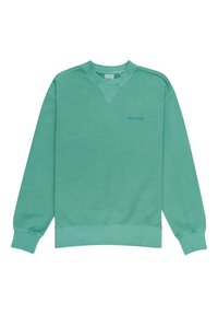 Sweat-shirt col rond bleu sarcelle avec poignets et ourlet côtelés, arborant un petit logo "element" sur le côté gauche de la poitrine.