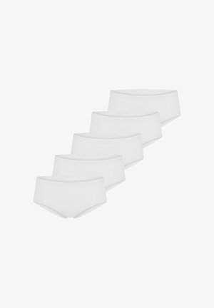 Cinq paires de sous-vêtements féminins blancs unis de style hipster disposées en diagonale sur un fond blanc.