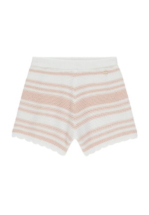 Krótkie spodenki dzianinowe z falistymi krawędziami, z poziomymi białymi i delikatnie różowymi paskami oraz małą, okrągłą metalową emblematem blisko talii.