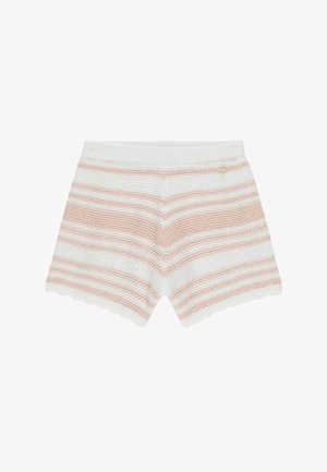 Gestrickte Shorts mit wellenförmigen Rändern, ausgestattet mit horizontalen weißen und zartrosa Streifen sowie einem kleinen runden Metallemblem nahe dem Taillenbund.