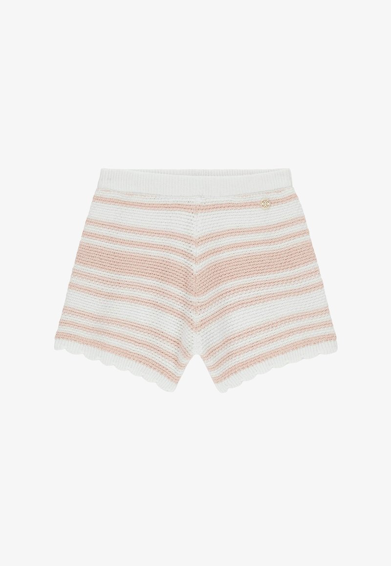 Shorts en maille avec bords ondulés, présentant des rayures horizontales blanches et rose pâle, et un petit emblème métallique rond près de la ceinture.