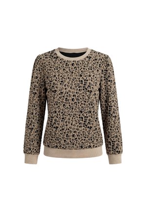 Beige trui met lange mouwen met zwart en donkerbruine luipaardprint, geribde boorden, zoom en ronde halslijn op witte achtergrond.