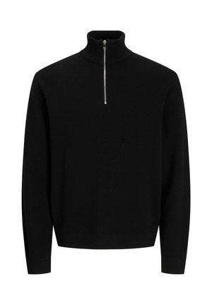 Zwarte sweater met ritssluiting in de hals, lange mouwen, gestructureerde breistof, hoge kraag en een zilveren ritsdetail aan de voorkant. Casual ontwerp.