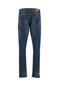 Jeans in denim blu scuro con una texture liscia, design a gamba dritta, cuciture visibili e due tasche posteriori con un'etichetta in pelle marchiata.