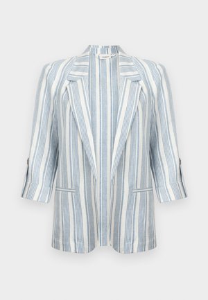 Valge bleiser vertikaalsete helesiniste triipudega, notši kraede, kolmeveerandvarrukad, nööpidega mansetid ja kaks esist taskut.