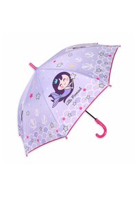 Lila Regenschirm mit einem verspielten Meerjungfrau-Design, Sternen und Wellen; pinke Akzente am Griff und an den Rändern; Metallrahmen.