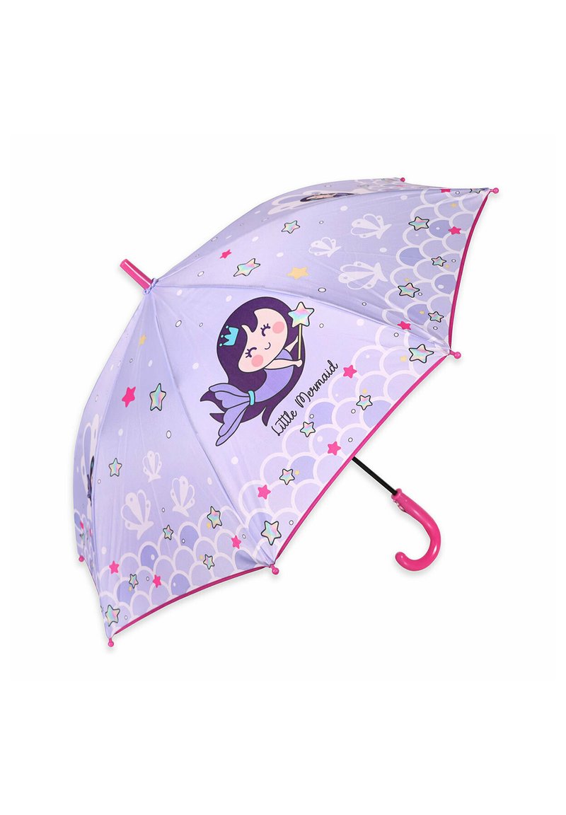 Lila Regenschirm mit einem verspielten Meerjungfrau-Design, Sternen und Wellen; pinke Akzente am Griff und an den Rändern; Metallrahmen.