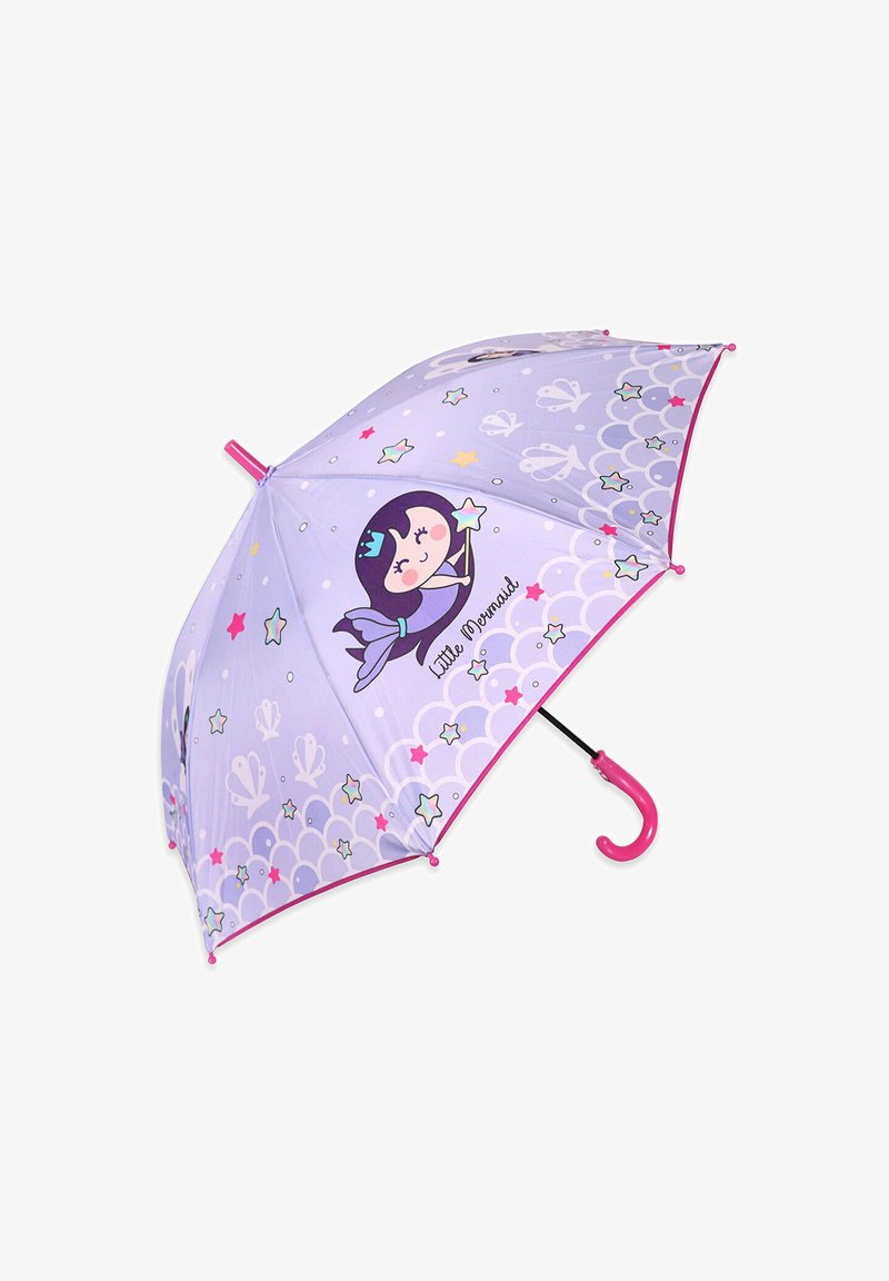 Lila Regenschirm mit einem verspielten Meerjungfrau-Design, Sternen und Wellen; pinke Akzente am Griff und an den Rändern; Metallrahmen.