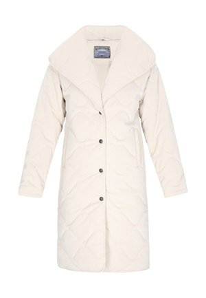 Pikowana jasnobeżowa kurtka z szerokim kołnierzem, zapięciem na guziki z przodu i bocznymi kieszeniami; charakteryzuje się miękką fakturą i subtelnym wzorem.