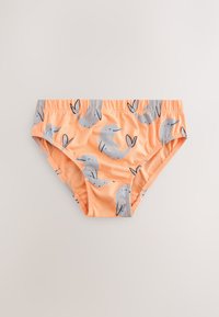 Oranžinės maudymosi glaudės su pilkų narvalų raštu, juodais akcentais, elastinga juosmens juosta ir minkšta, tampri medžiaga.