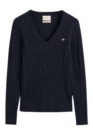 STRETCH CABLE V-NECK - Strickpullover - evening blue