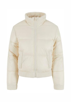Giacca imbottita, color crema, tagliata, con colletto alto, zip frontale, tasche laterali e morbida finitura in pile all'orlo e ai polsini.